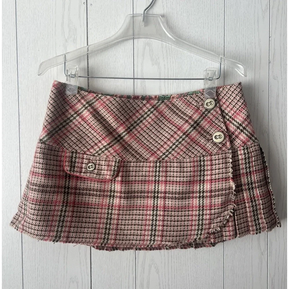 Y2K Abercrombie Fitch Mini Skirt Pink Brown Plaid Pleated Wool Blend & Silk Sz 8